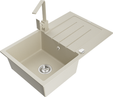 Mexen Bruno fregadero de granito de 1 compartimento con escurridor y grifo de cocina Rita, beige - 6513-69-670300-69