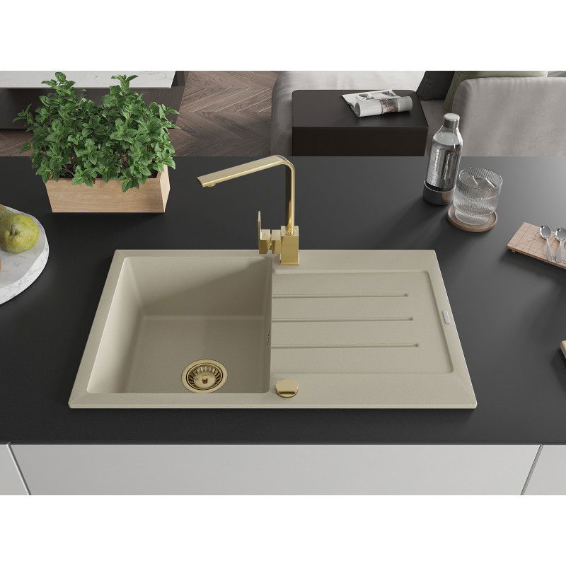 Mexen Bruno granite sink 1-bowl with drainer and Rita kitchen mixer, beige - 6513-69-670300-50