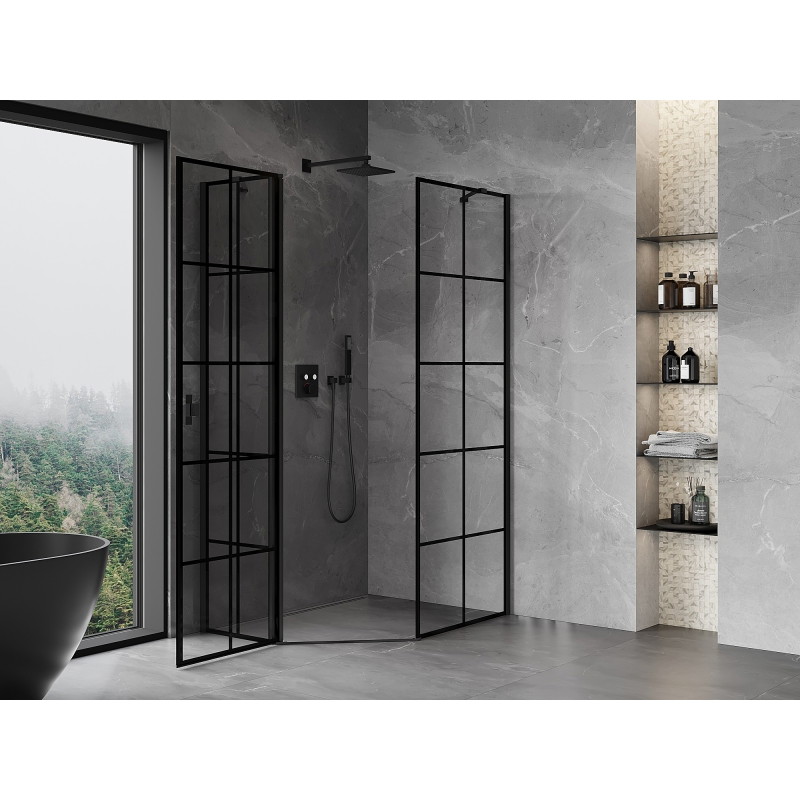 Mexen Mist Asymmetrische fünfeckige Duschkabine mit linker Schwingtür 80 x 90 cm, schwarzes Gitter, schwarz