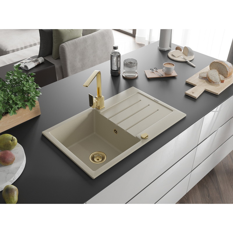 Mexen Bruno granitische spoelbak met 1 bak met afdruipplaat en keukenmengkraan Rita, beige - 6513-69-670300-50