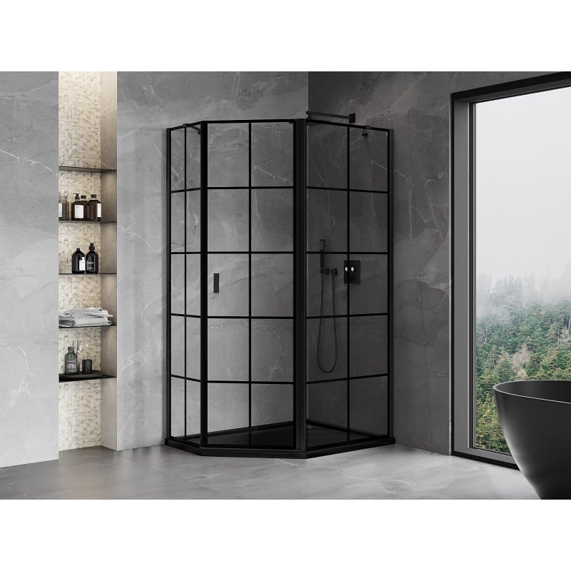 Mexen Mist cabine de douche pentagonale asymétrique à charnière droite 90 x 80 cm, grille noire, noire - 8A8-090-080-70-77-P