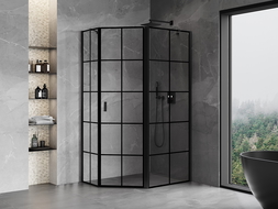 Mexen Mist asymmetrisk femhörnig duschkabin med svängbar dörr höger 100 x 80 cm, svart rutnät, svart - 8A8-100-080-70-77-P