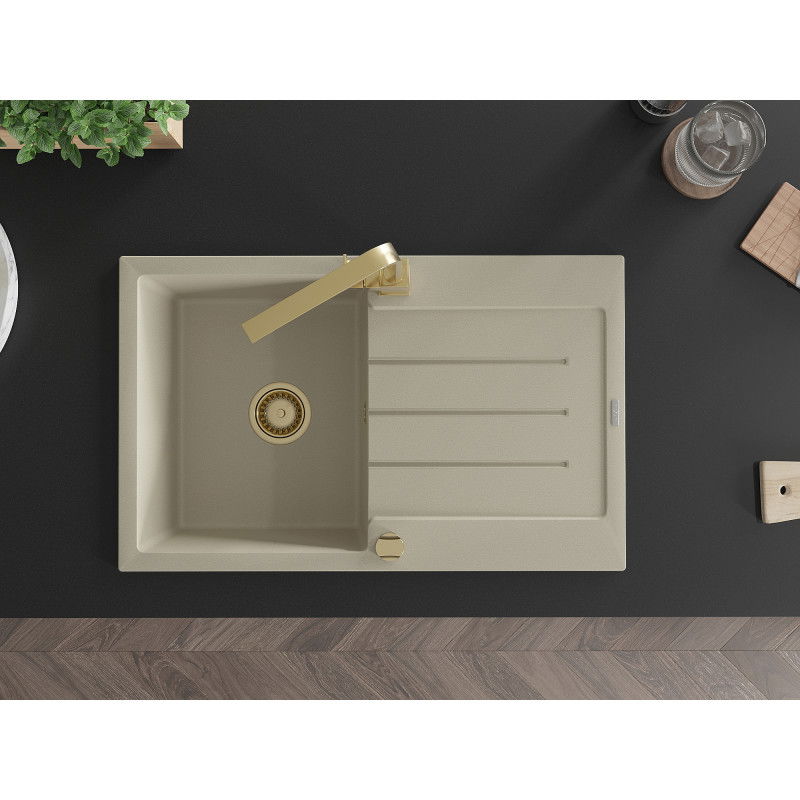 Mexen Bruno lavello in granito a 1 vasca con scolapiatti e rubinetto da cucina Rita, beige - 6513-69-670300-50