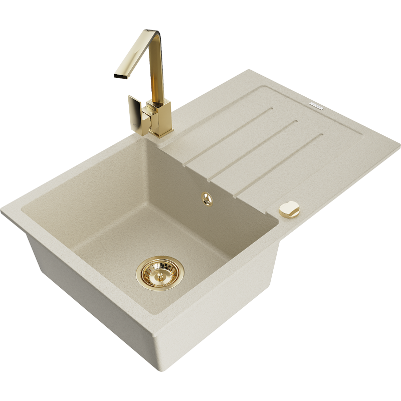 Mexen Bruno granieten gootsteen 1-komorige met afdruiprek en keukenmengkraan Rita, beige - 6513-69-670300-50
