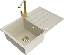 Mexen Bruno fregadero de granito de 1 cubeta con escurridor y grifo de cocina Rita, beige - 6513-69-670300-50