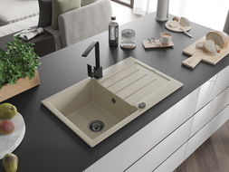Mexen Bruno granieten spoelbak 1-kompartment met afdruiprek en keukenkraan Rita, beige - 6513-69-670300-70