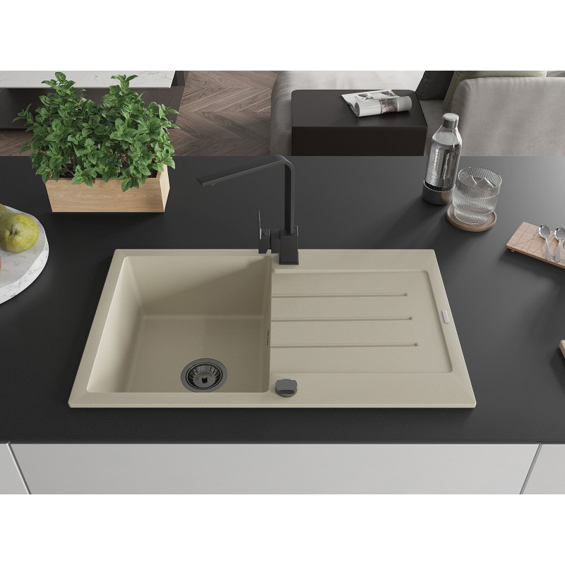 Mexen Bruno granieten spoelbak met 1 compartiment met afdruiprek en keukenkraan Rita, beige - 6513-69-670300-70