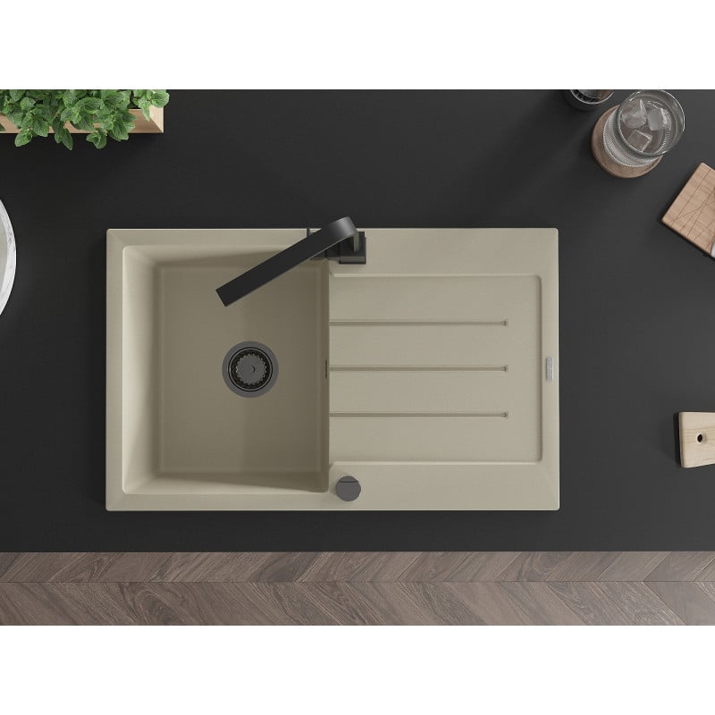 Mexen Bruno granieten spoelbak 1-kompartment met afdruiprek en keukenkraan Rita, beige - 6513-69-670300-70