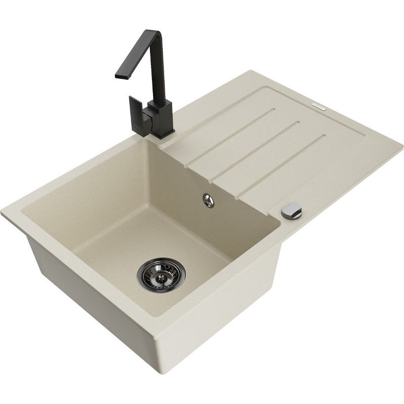 Mexen Bruno fregadero de granito de 1 seno con escurridor y grifo de cocina Rita, beige - 6513-69-670300-70