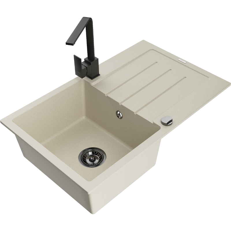 Mexen Bruno lavello in granito a 1 vasca con sgocciolatoio e miscelatore da cucina Rita, beige - 6513-69-670300-70