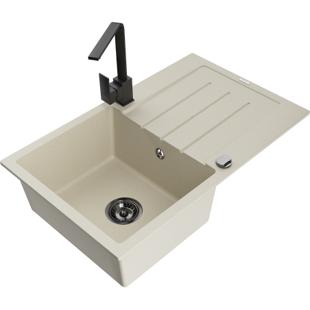 Mexen Bruno single-bowl granite sink with drainer and Rita kitchen tap, beige - 6513-69-670300-70