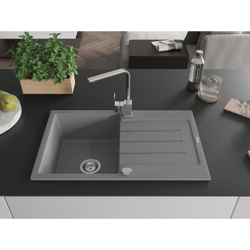 Mexen Bruno 1-bowl granite sink with drainer and Rita kitchen tap, grey - 6513-71-670300-00