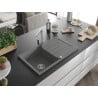 Mexen Bruno 1-bowl granite sink with drainer and Rita kitchen tap, grey - 6513-71-670300-00