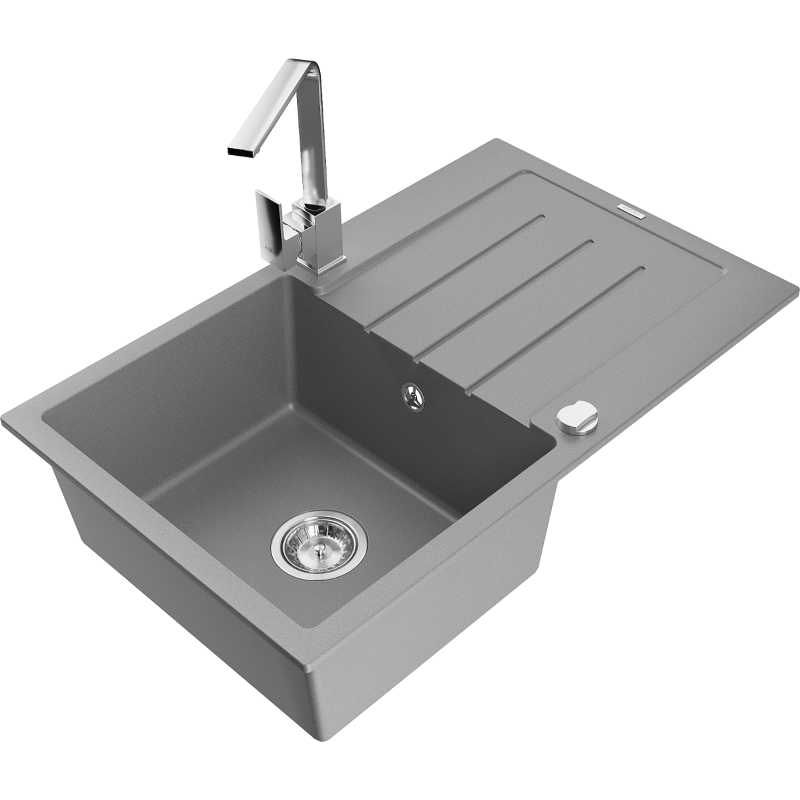 Mexen Bruno 1-bowl granite sink with drainer and Rita kitchen tap, grey - 6513-71-670300-00