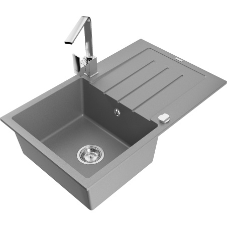 Mexen Bruno 1-bowl granite sink with drainer and Rita kitchen tap, grey - 6513-71-670300-00