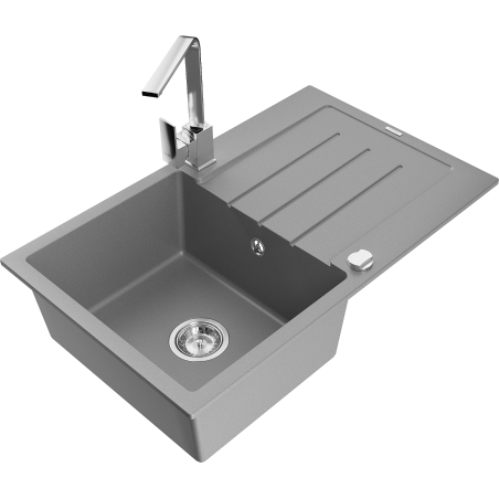 Mexen Bruno yksi-allasinen graniittikeittiöallas valutaustalla ja keittiöhanalla Rita, harmaa - 6513-71-670300-00
