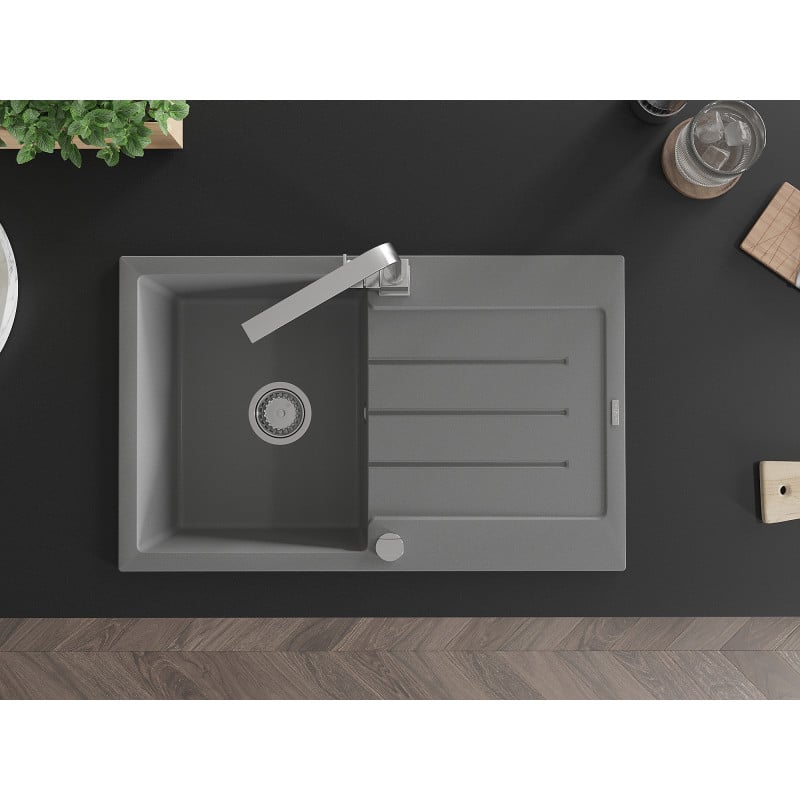 Mexen Bruno 1-bowl granite sink with drainer and Rita kitchen tap, grey - 6513-71-670300-00