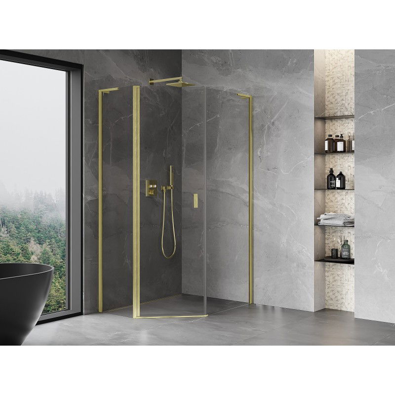 Mexen Mist L cabina doccia pentagonale asimmetrica a battente 80x90 cm, trasparente, oro spazzolato - 8A8L-080-090-55-00