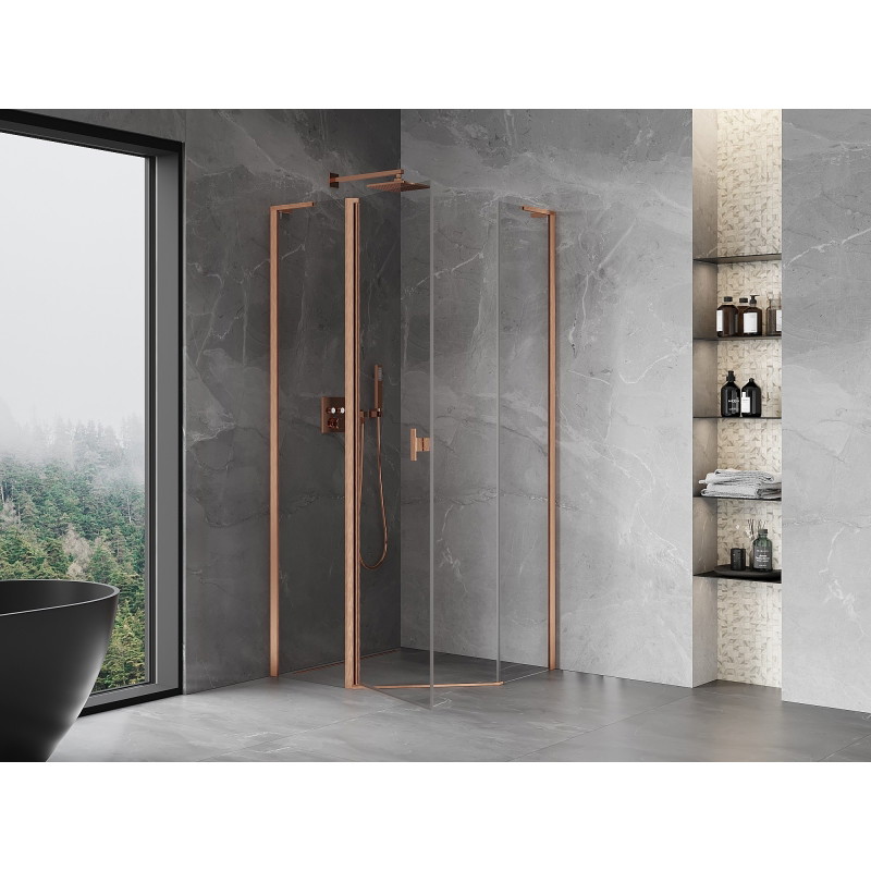 Mexen Mist L viiekandiline pöörduksedega dušinurk 80 x 80 cm, läbipaistev, harjatud vask - 8A8L-080-080-65-00