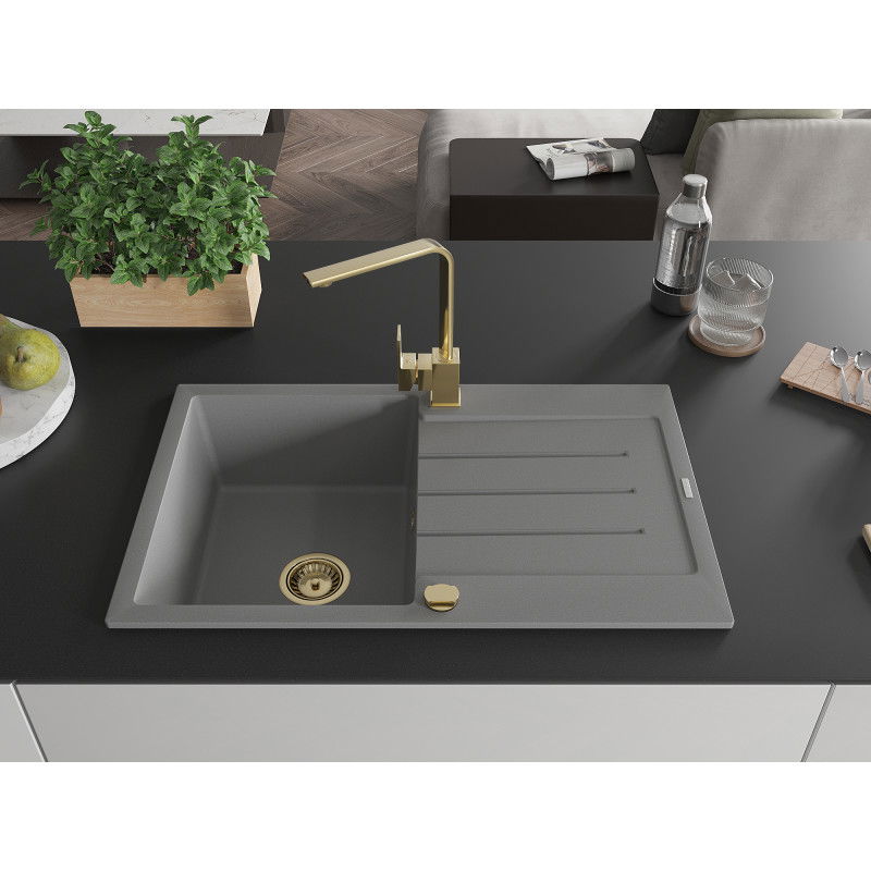 Mexen Bruno granite sink 1-bowl with drainer and Rita kitchen tap, grey - 6513-71-670300-50