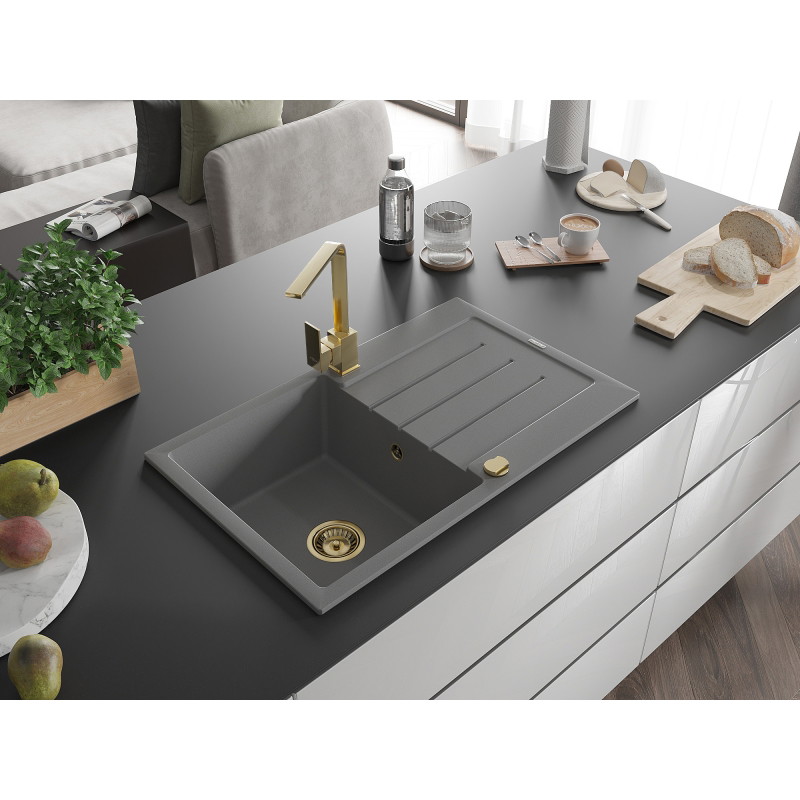 Mexen Bruno Granitspüle 1-Kammer mit Abtropffläche und Küchenarmatur Rita, grau - 6513-71-670300-50