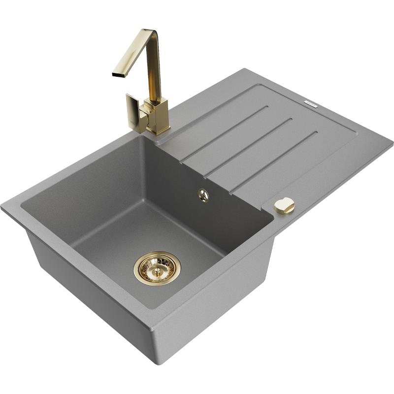 Mexen Bruno granite sink 1-bowl with drainer and Rita kitchen tap, grey - 6513-71-670300-50