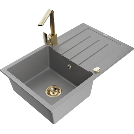 Mexen Bruno fregadero de granito de 1 cubeta con escurridor y grifo de cocina Rita, gris - 6513-71-670300-50