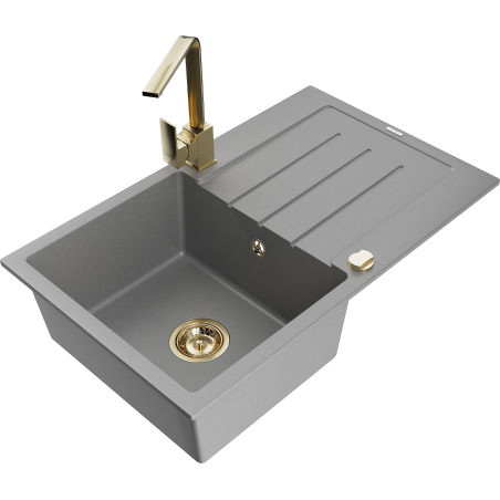 Mexen Bruno granite sink 1-bowl with drainer and Rita kitchen tap, grey - 6513-71-670300-50