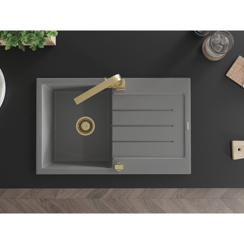 Mexen Bruno lava-loiça de granito 1-cuba com escorredor e torneira de cozinha Rita, cinza - 6513-71-670300-50