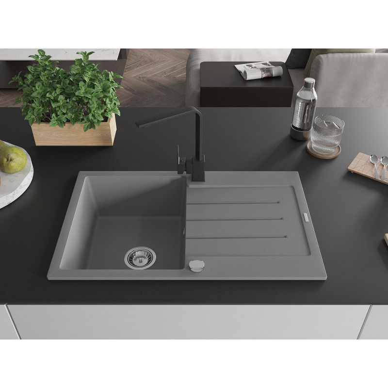 Mexen Bruno granite sink 1-bowl with drainer and Rita kitchen tap, grey - 6513-71-670300-70
