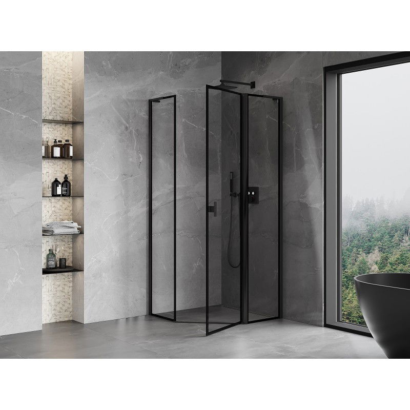 Mexen Mist L cabina de ducha pentagonal abatible derecha 80 x 80 cm, marco negro, negro - 8A8L-080-080-70-70-P