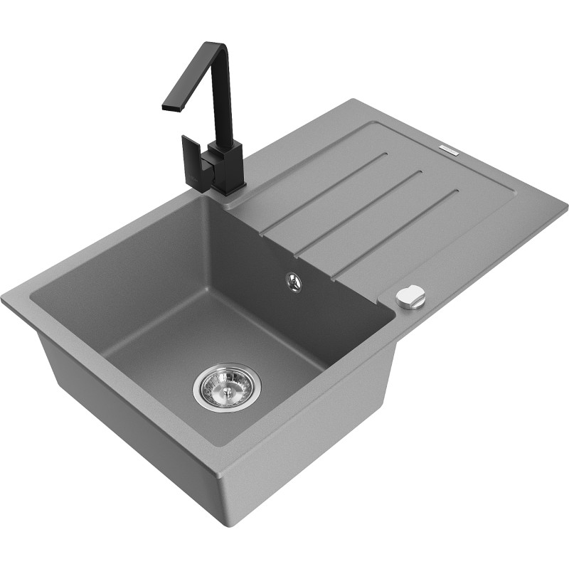 Mexen Bruno fregadero de granito de 1 cubeta con escurridor y grifo de cocina Rita, gris - 6513-71-670300-70