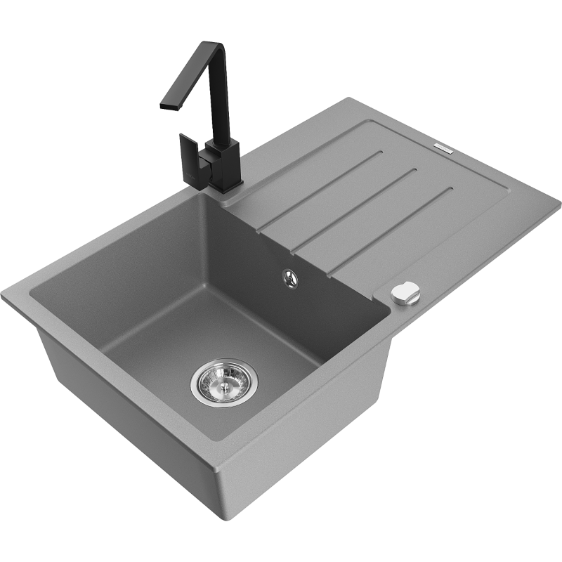 Mexen Bruno granite sink 1-bowl with drainer and Rita kitchen tap, grey - 6513-71-670300-70