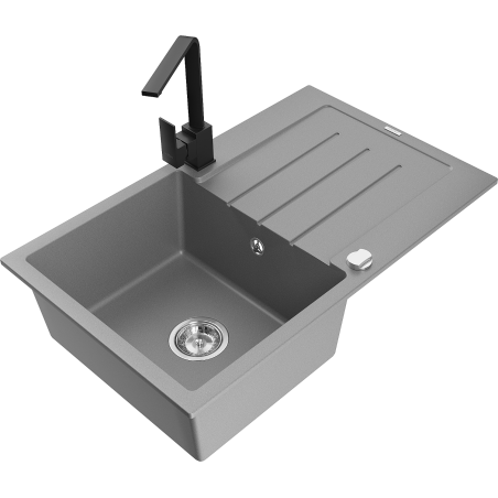Mexen Bruno fregadero de granito de 1 cubeta con escurridor y grifo de cocina Rita, gris - 6513-71-670300-70