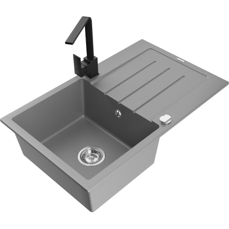 Mexen Bruno granite sink 1-bowl with drainer and Rita kitchen tap, grey - 6513-71-670300-70