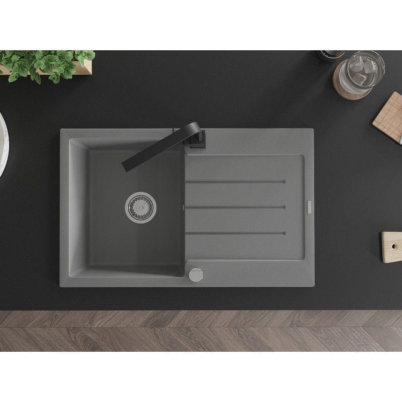 Mexen Bruno granite sink 1-bowl with drainer and Rita kitchen tap, grey - 6513-71-670300-70