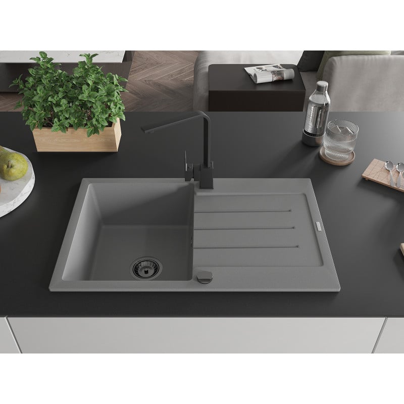 Mexen Bruno single-bowl granite sink with drainer and Rita kitchen tap, grey - 6513-71-670300-70-B