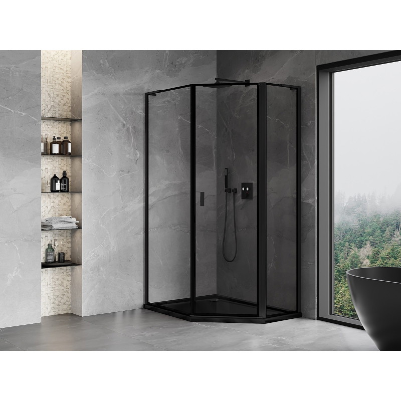 Mexen Mist L asymmetrische vijfhoekige douchecabine, rechts scharnierend, 90 x 100 cm, zwarte rand, zwart - 8A8L-090-100-70-70-P