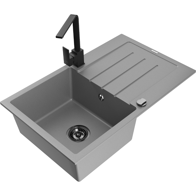 Mexen Bruno fregadero de cocina de granito de 1 seno con escurridor y grifo Rita, gris - 6513-71-670300-70-B