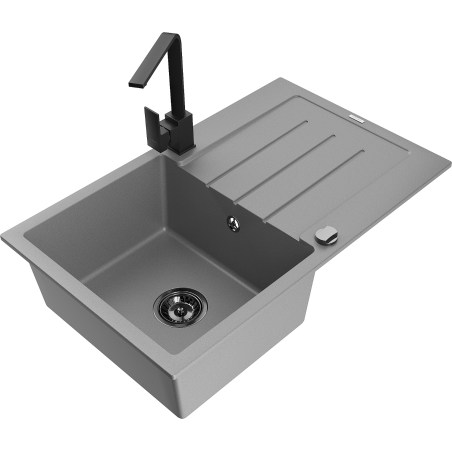 Mexen Bruno Einbauspüle aus Granit, 1-beckig, mit Abtropffläche und Küchenarmatur Rita, grau - 6513-71-670300-70-B