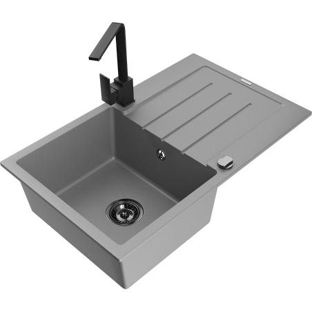 Mexen Bruno fregadero de cocina de granito de 1 seno con escurridor y grifo Rita, gris - 6513-71-670300-70-B