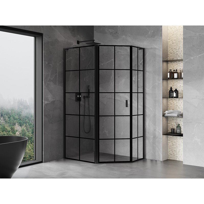 Mexen Mist L asymmetresch pentagonalt Klappduschkabinn lénks 100 x 80 cm, schwaarz Gitter, schwaarz - 8A8L-100-080-70-77-L
