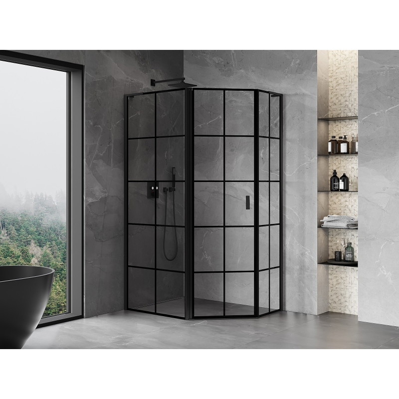 Mexen Mist L asimetriska piecstūra kreisās puses duškabīne 100 x 90 cm, melns režģis, melna - 8A8L-100-090-70-77-L
