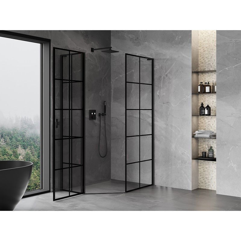 Mexen Mist L asymmetrical pentagonal shower enclosure, left hinged, 80 x 90 cm, black grid, black - 8A8L-080-090-70-77-L