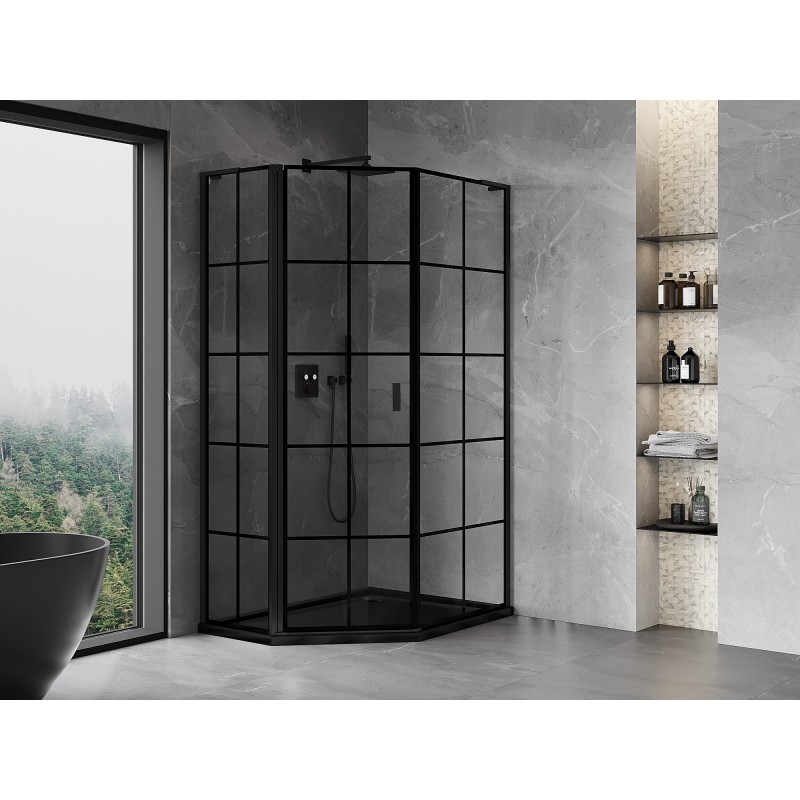 Mexen Mist L Asymmetrisk gångjärn vänster femkantig duschkabin 90 x 100 cm, svart rutnät, svart - 8A8L-090-100-70-77-L