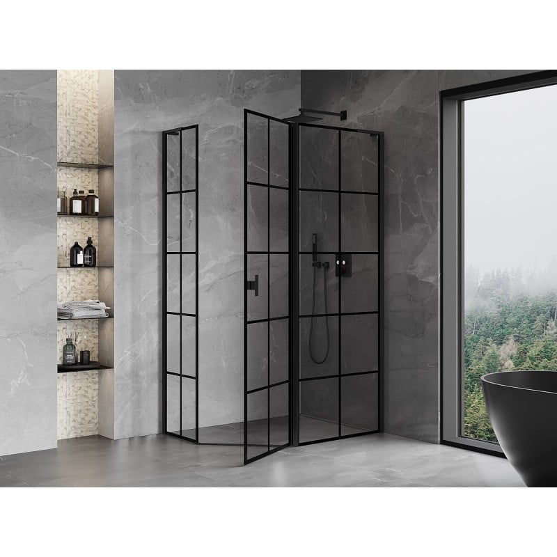 Mexen Mist L cabine de douche pentagonale asymétrique à charnière droite 90 x 80 cm, grille noire, noir - 8A8L-090-080-70-77-P