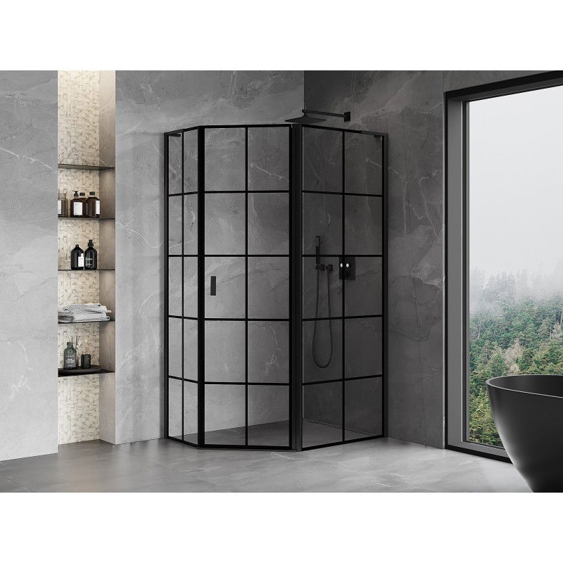 Mexen Mist L asymmetrical pentagon hinged shower enclosure right 100 x 90 cm, black grid, black - 8A8L-100-090-70-77-P