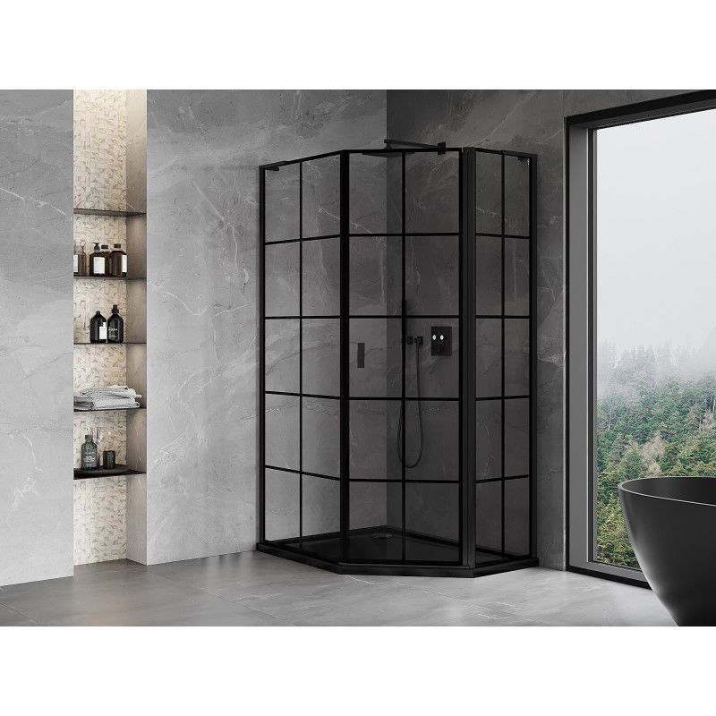 Mexen Mist L cabine de douche pentagonale asymétrique pivotante droite 80 x 100 cm, grille noire, noir - 8A8L-080-100-70-77-P