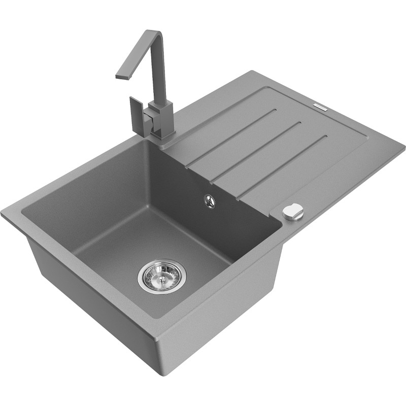 Mexen Bruno fregadero de granito de 1 seno con escurridor y grifo de cocina Rita, gris - 6513-71-670300-71