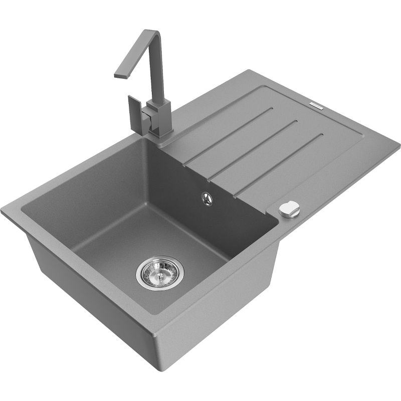 Mexen Bruno granite sink 1-bowl with drainer and Rita kitchen tap, grey - 6513-71-670300-71